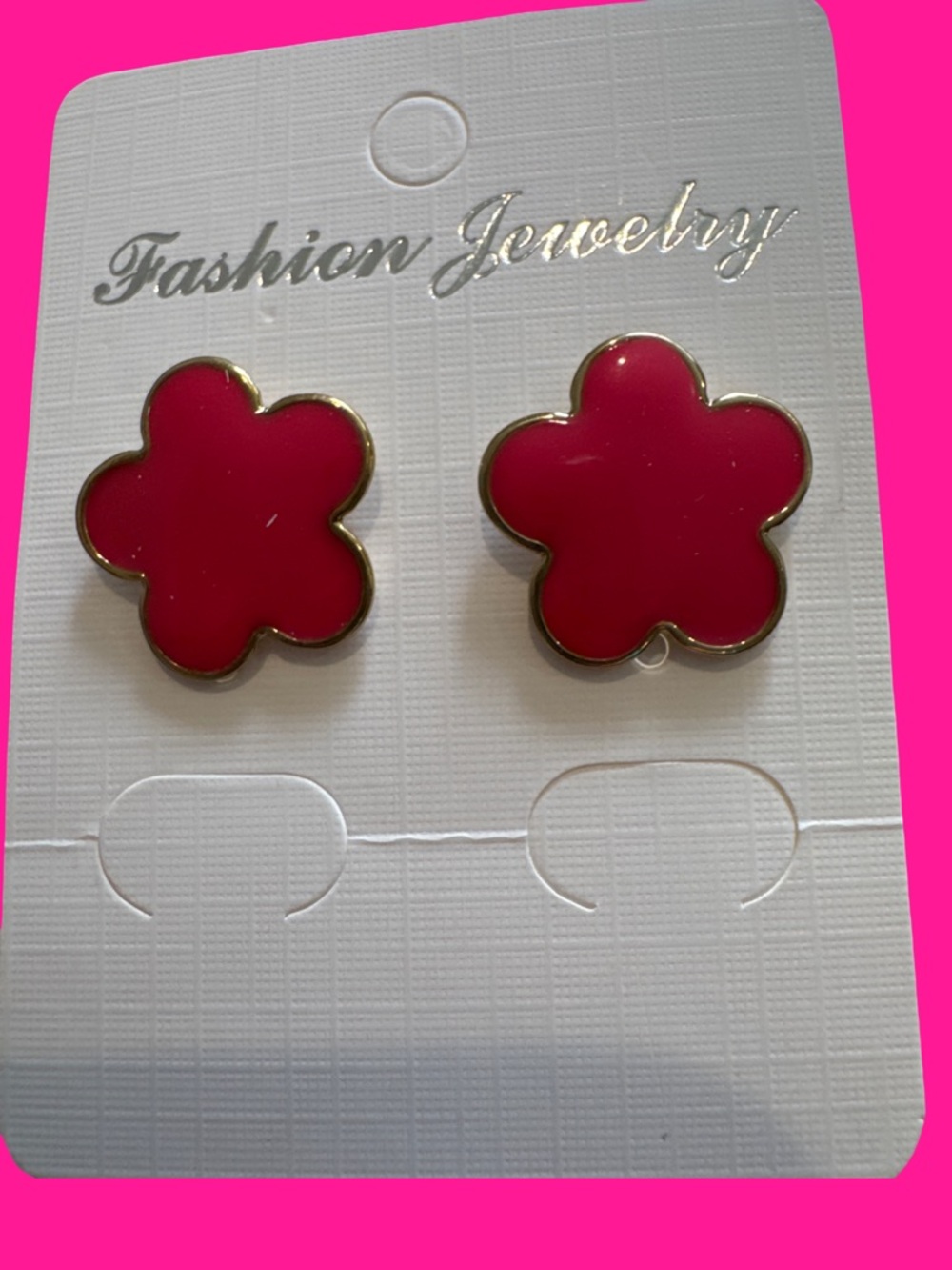 Fashion Jewelry Hot Pink Flower Stud Earrings with Gold Trim